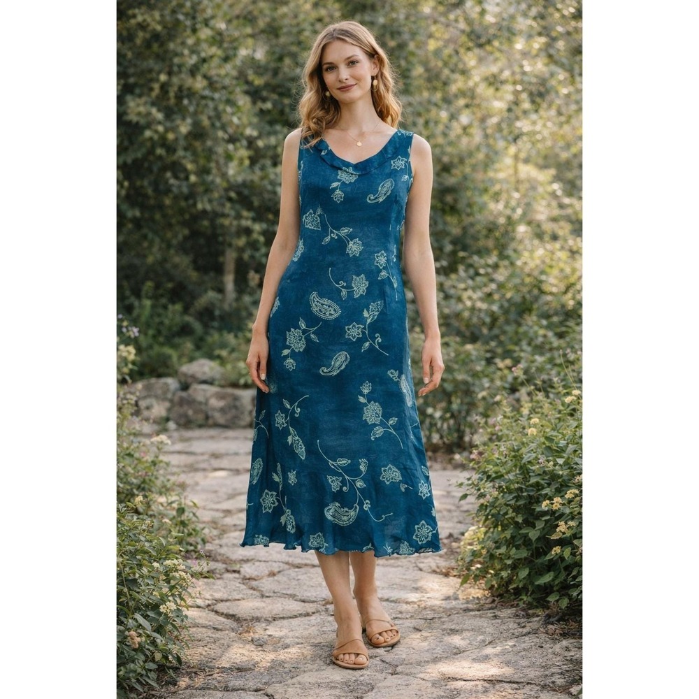 Valerie Steven Dress Womens 8 Teal Blue Silk Floral Dainty Boho Chic Ruffle Midi